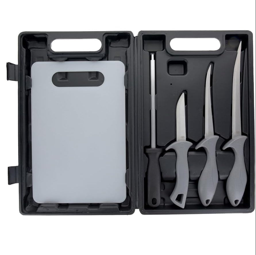 5 Pc Fillet knife Kit With Cutting Board & Sharpening Steel in Plastic Case