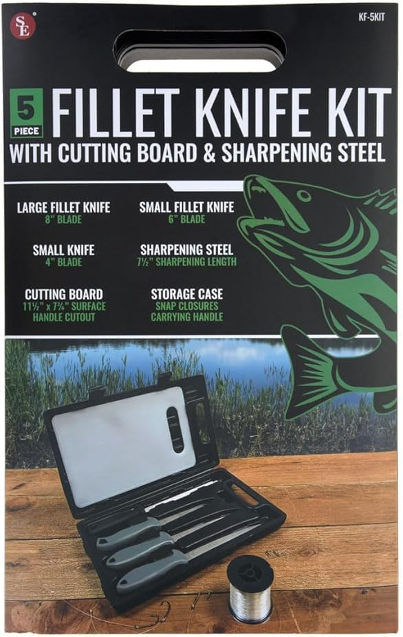 5 Pc Fillet knife Kit With Cutting Board & Sharpening  Steel in Plastic Case